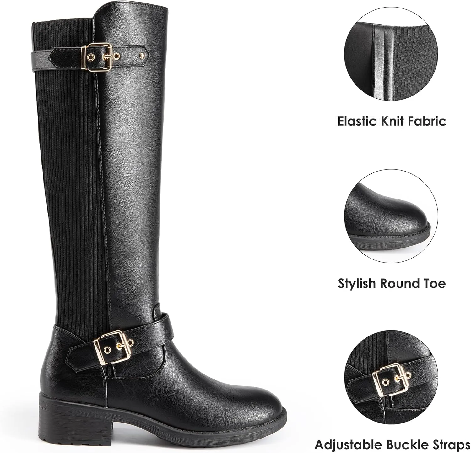 DREAM PAIRS Women's Knee High Boots Low Block Heel Riding Boots Round Toe Side Zipper Biker Motorcycle Buckle Boots
