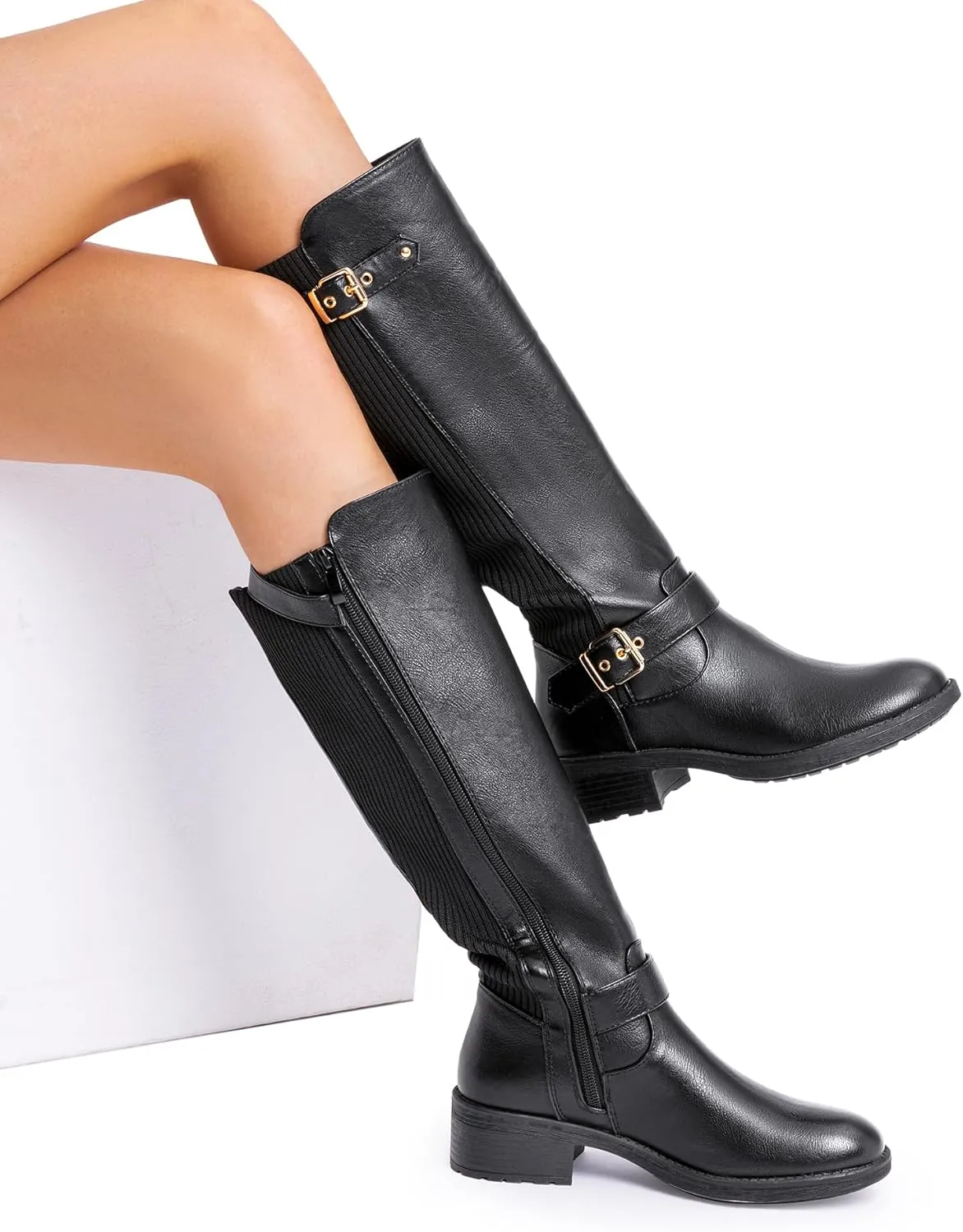 DREAM PAIRS Women's Knee High Boots Low Block Heel Riding Boots Round Toe Side Zipper Biker Motorcycle Buckle Boots