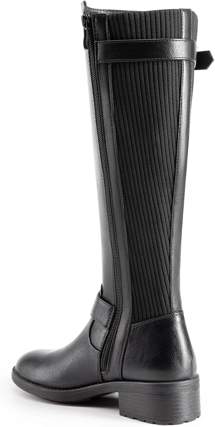 DREAM PAIRS Women's Knee High Boots Low Block Heel Riding Boots Round Toe Side Zipper Biker Motorcycle Buckle Boots