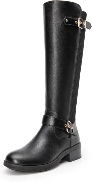 DREAM PAIRS Women's Knee High Boots Low Block Heel Riding Boots Round Toe Side Zipper Biker Motorcycle Buckle Boots