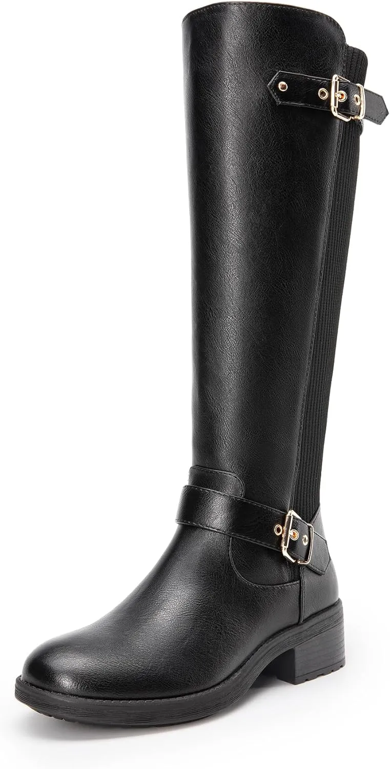 DREAM PAIRS Women's Knee High Boots Low Block Heel Riding Boots Round Toe Side Zipper Biker Motorcycle Buckle Boots