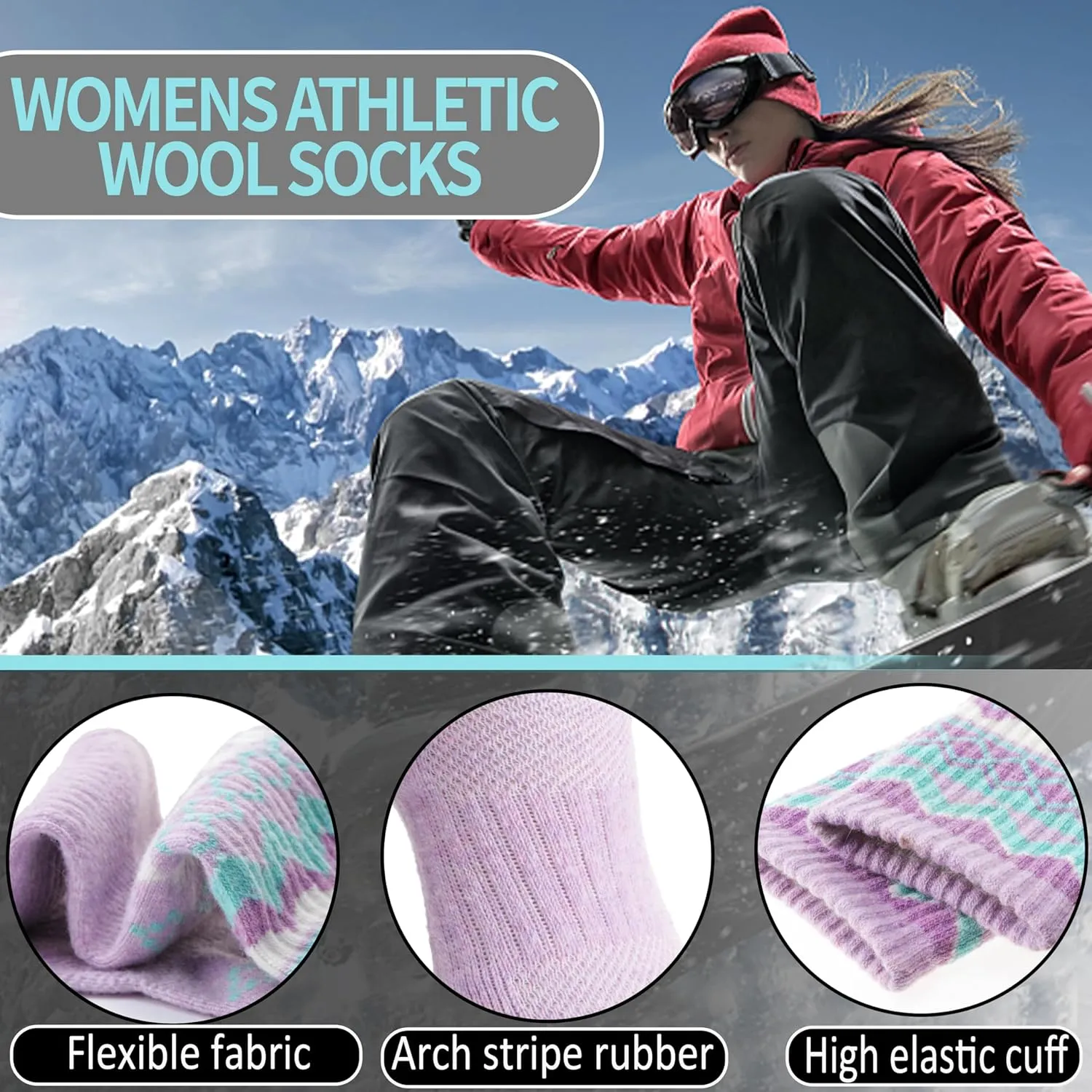 EBMORE Womens Merino Wool Hiking Socks Thermal Warm Winter Crew Cushion Work Boot Outdoor Socks 5 Pairs