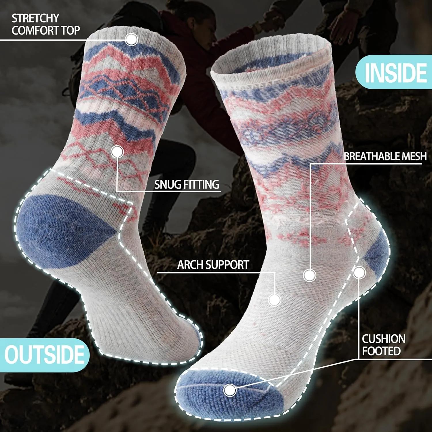 EBMORE Womens Merino Wool Hiking Socks Thermal Warm Winter Crew Cushion Work Boot Outdoor Socks 5 Pairs