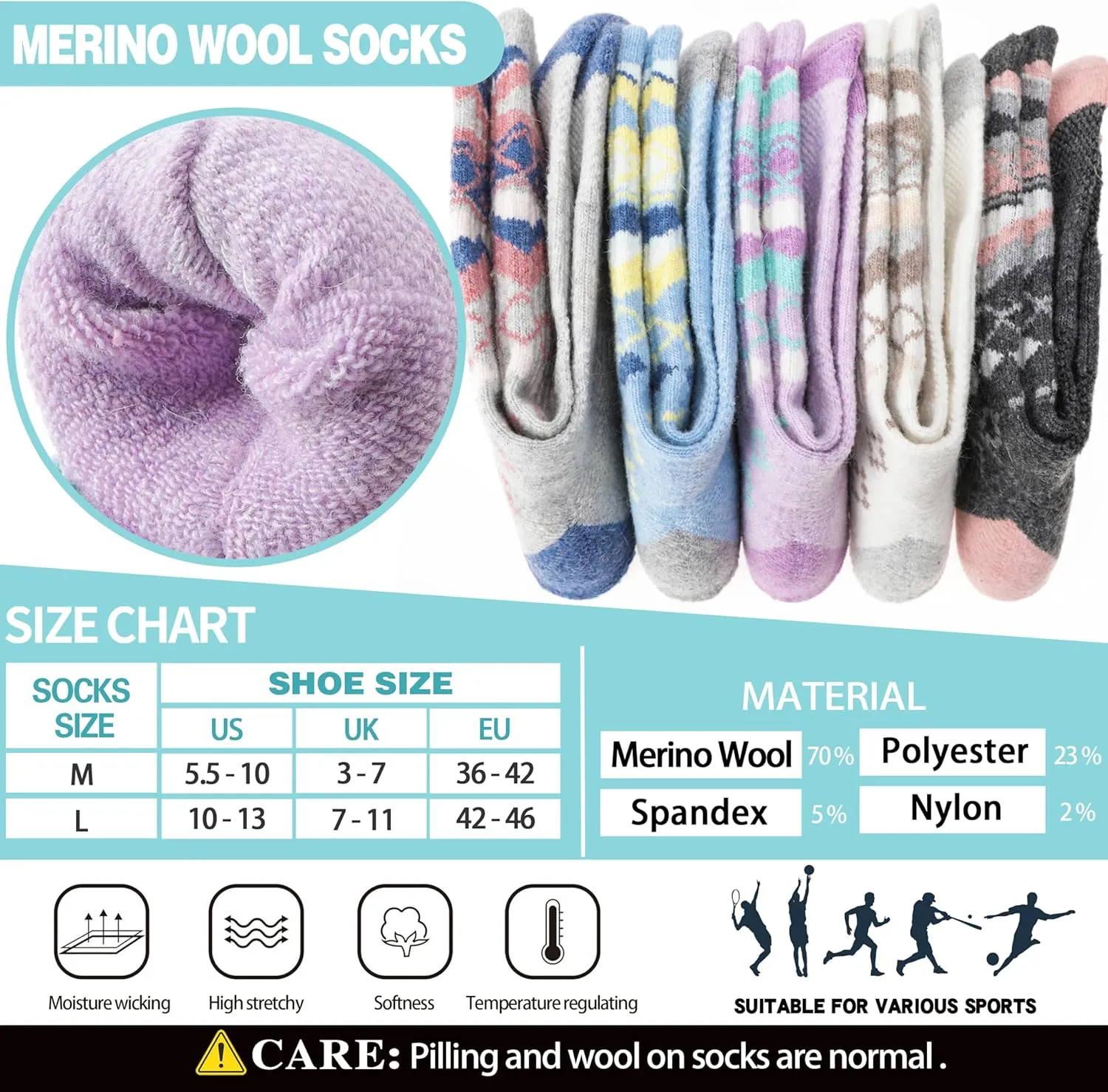EBMORE Womens Merino Wool Hiking Socks Thermal Warm Winter Crew Cushion Work Boot Outdoor Socks 5 Pairs