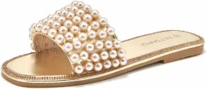 EETTARO Women's Sparkle Pearl Flat Sandals Fashion Square Open Toe Jeweled Slides Slip on Rhinestone Bling Slippers