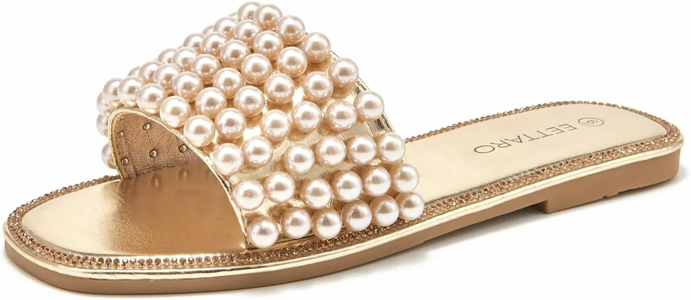 EETTARO Women's Sparkle Pearl Flat Sandals Fashion Square Open Toe Jeweled Slides Slip on Rhinestone Bling Slippers