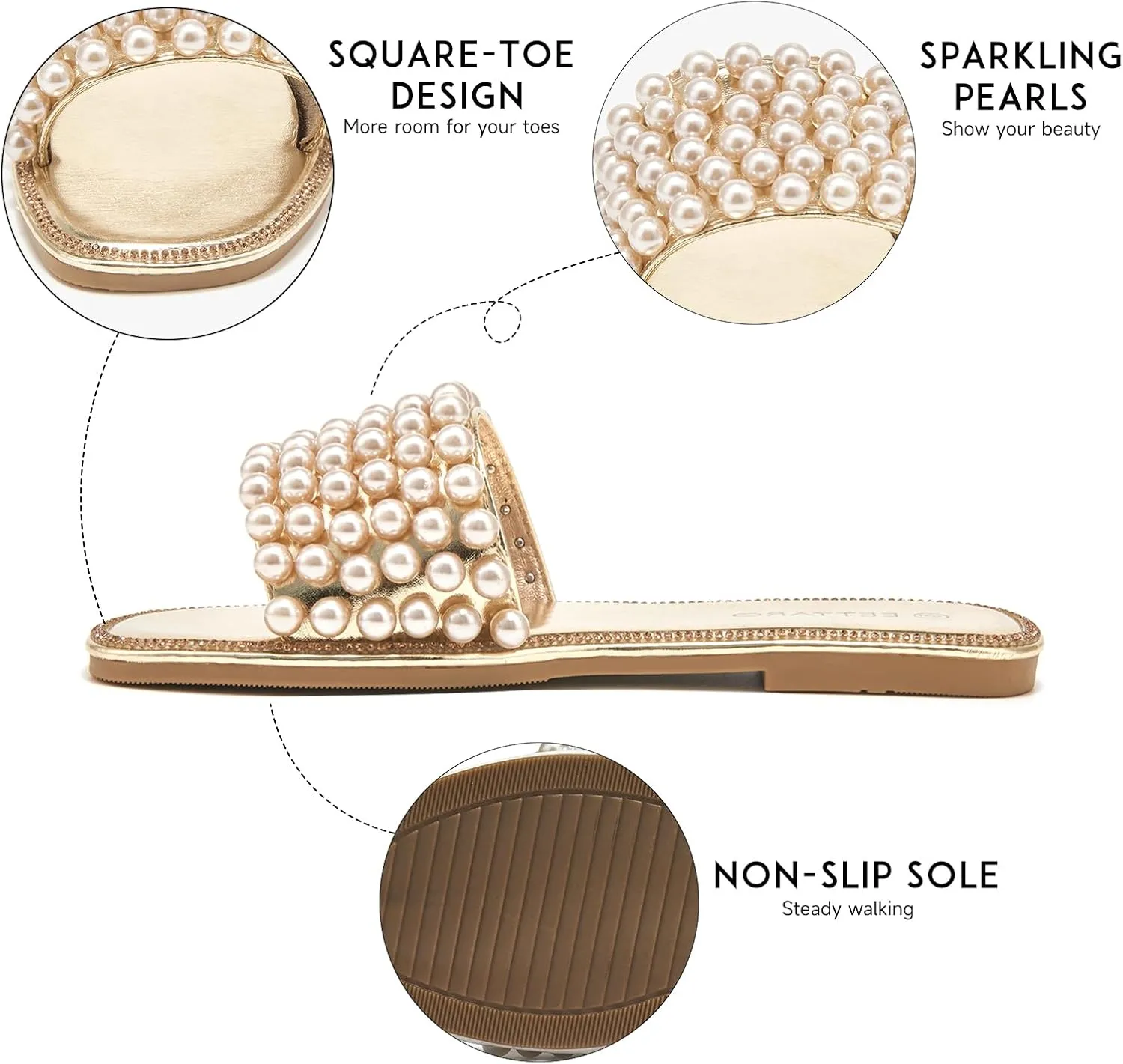 EETTARO Women's Sparkle Pearl Flat Sandals Fashion Square Open Toe Jeweled Slides Slip on Rhinestone Bling Slippers