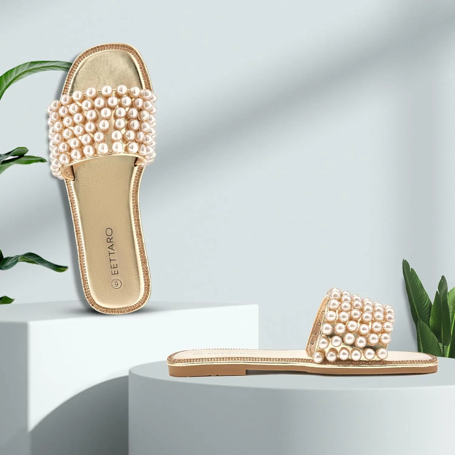 EETTARO Women's Sparkle Pearl Flat Sandals Fashion Square Open Toe Jeweled Slides Slip on Rhinestone Bling Slippers