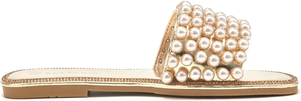 EETTARO Women's Sparkle Pearl Flat Sandals Fashion Square Open Toe Jeweled Slides Slip on Rhinestone Bling Slippers