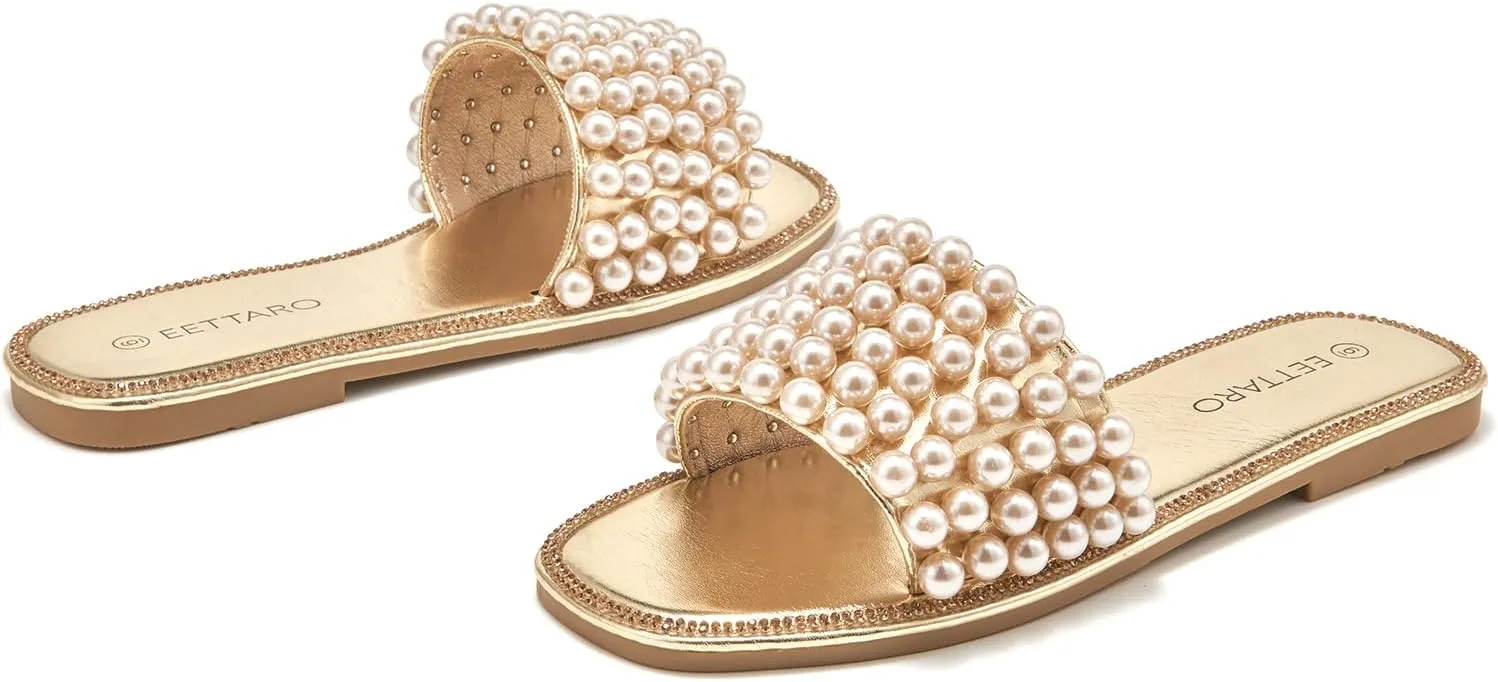 EETTARO Women's Sparkle Pearl Flat Sandals Fashion Square Open Toe Jeweled Slides Slip on Rhinestone Bling Slippers