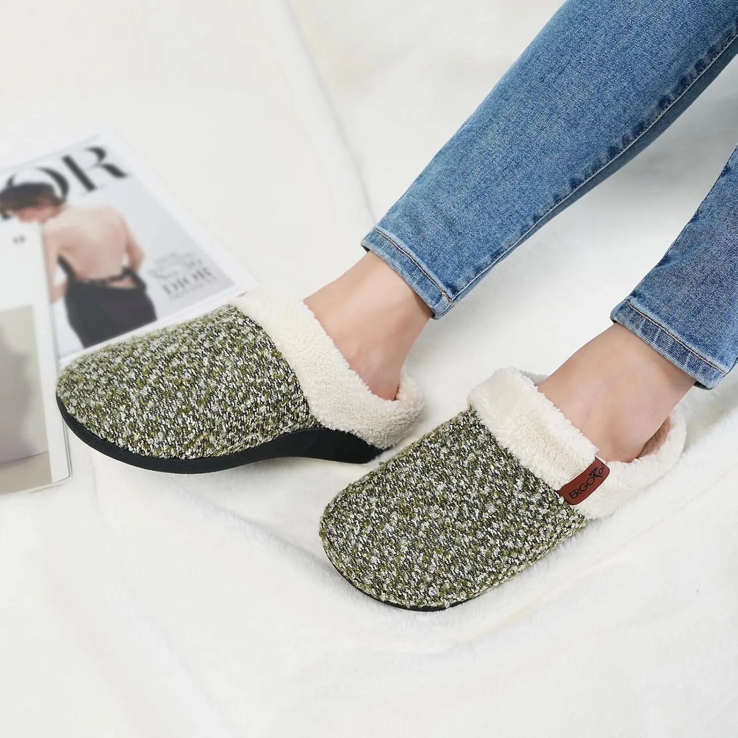ERGOfoot Orthopedic Slippers with Arch Support, Slip-On Knit Soft Sherpa Lining House Slipper, Plantar Fasciitis Relief, Orthotic House Shoes with Indoor Outdoor Anti-Skid Rubber Sole