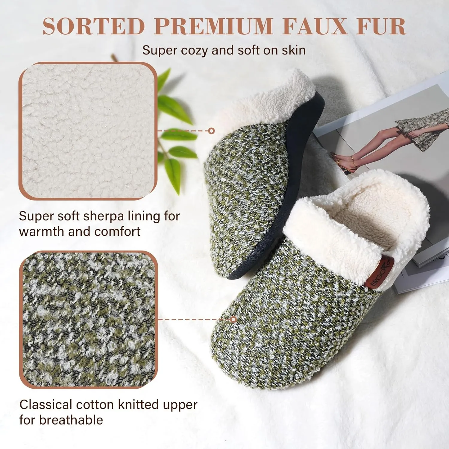 ERGOfoot Orthopedic Slippers with Arch Support, Slip-On Knit Soft Sherpa Lining House Slipper, Plantar Fasciitis Relief, Orthotic House Shoes with Indoor Outdoor Anti-Skid Rubber Sole
