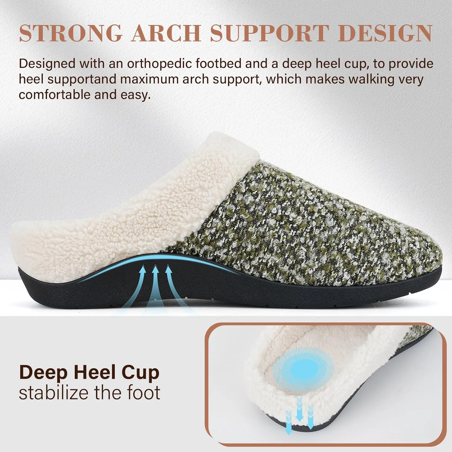 ERGOfoot Orthopedic Slippers with Arch Support, Slip-On Knit Soft Sherpa Lining House Slipper, Plantar Fasciitis Relief, Orthotic House Shoes with Indoor Outdoor Anti-Skid Rubber Sole