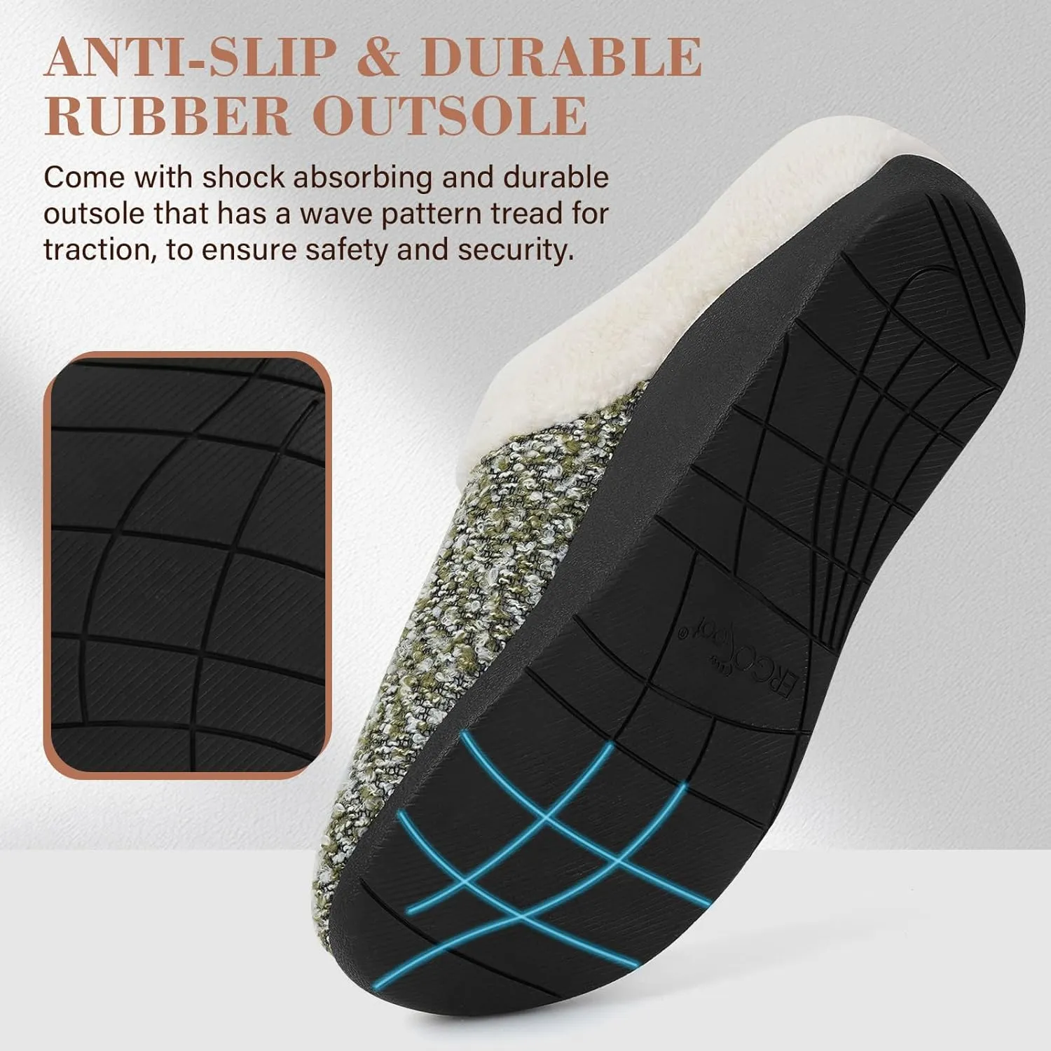 ERGOfoot Orthopedic Slippers with Arch Support, Slip-On Knit Soft Sherpa Lining House Slipper, Plantar Fasciitis Relief, Orthotic House Shoes with Indoor Outdoor Anti-Skid Rubber Sole