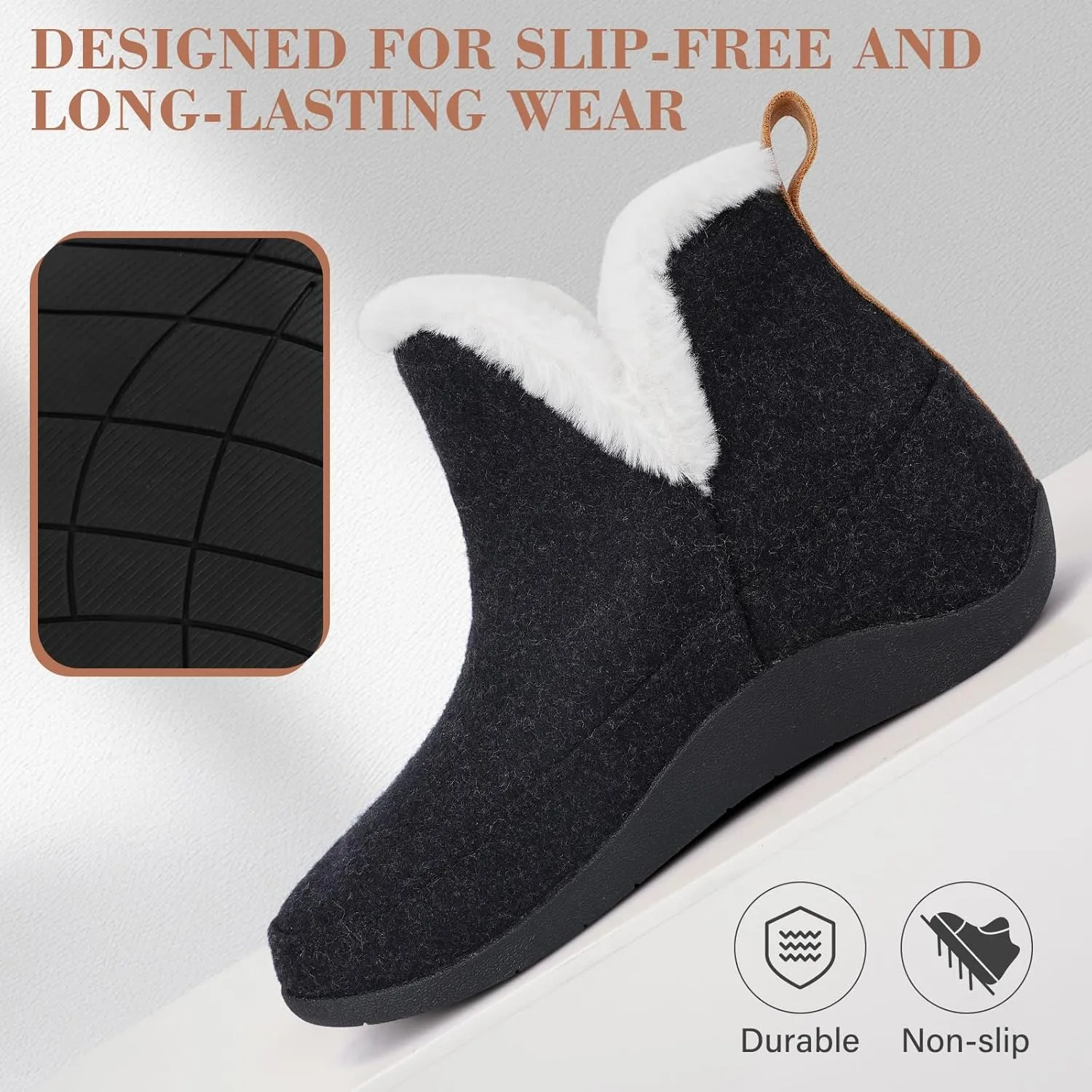 ERGOfoot Slipper Boots With Arch Support for Women Men, Comfy Plantar Fasciitis Orthopedic Slippers for Indoor Outdoor, Wool Felt Slipper Booties with Warm Cozy Plush Faux Fur Lining