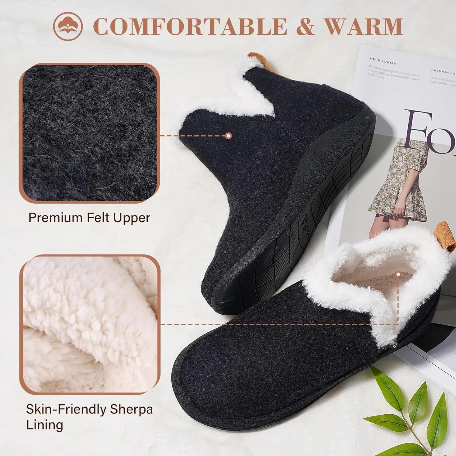 ERGOfoot Slipper Boots With Arch Support for Women Men, Comfy Plantar Fasciitis Orthopedic Slippers for Indoor Outdoor, Wool Felt Slipper Booties with Warm Cozy Plush Faux Fur Lining
