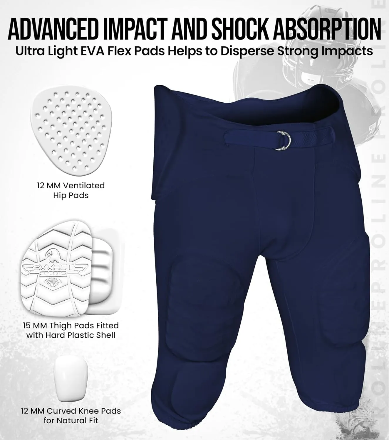 Exxact Sports Proline Youth Integrated Football Pants with 7 Flex Pads, Lightweight Football Practice Pants for Protection