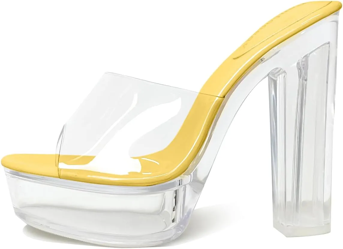 Fantoesay Women's Clear Platform Sandals Chunky Heel Mules Slip On Sandals