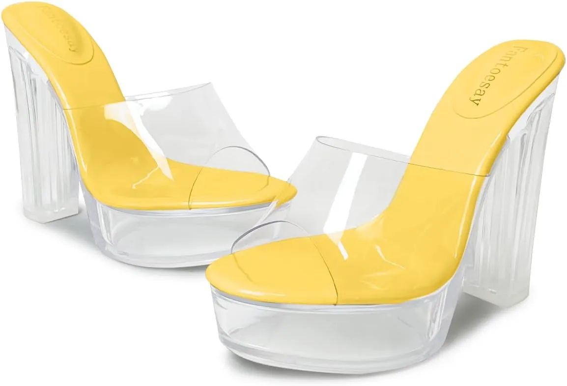 Fantoesay Women's Clear Platform Sandals Chunky Heel Mules Slip On Sandals