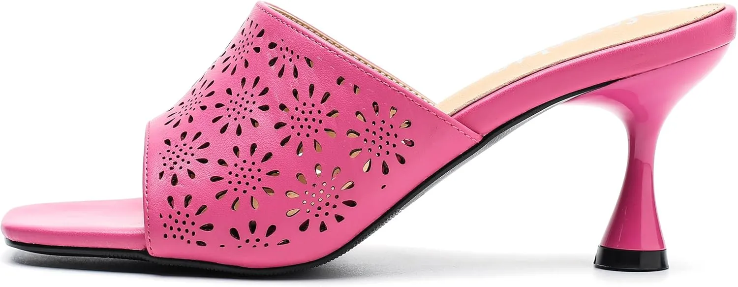 fereshte Womens Hollow Out Flower Sandals Slip On Sandals Square Toe Kitten Heeled Mules