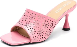 fereshte Womens Hollow Out Flower Sandals Slip On Sandals Square Toe Kitten Heeled Mules