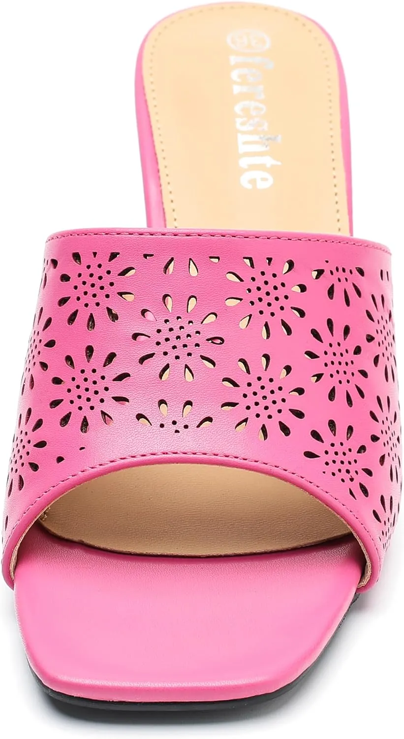 fereshte Womens Hollow Out Flower Sandals Slip On Sandals Square Toe Kitten Heeled Mules
