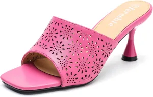 fereshte Womens Hollow Out Flower Sandals Slip On Sandals Square Toe Kitten Heeled Mules