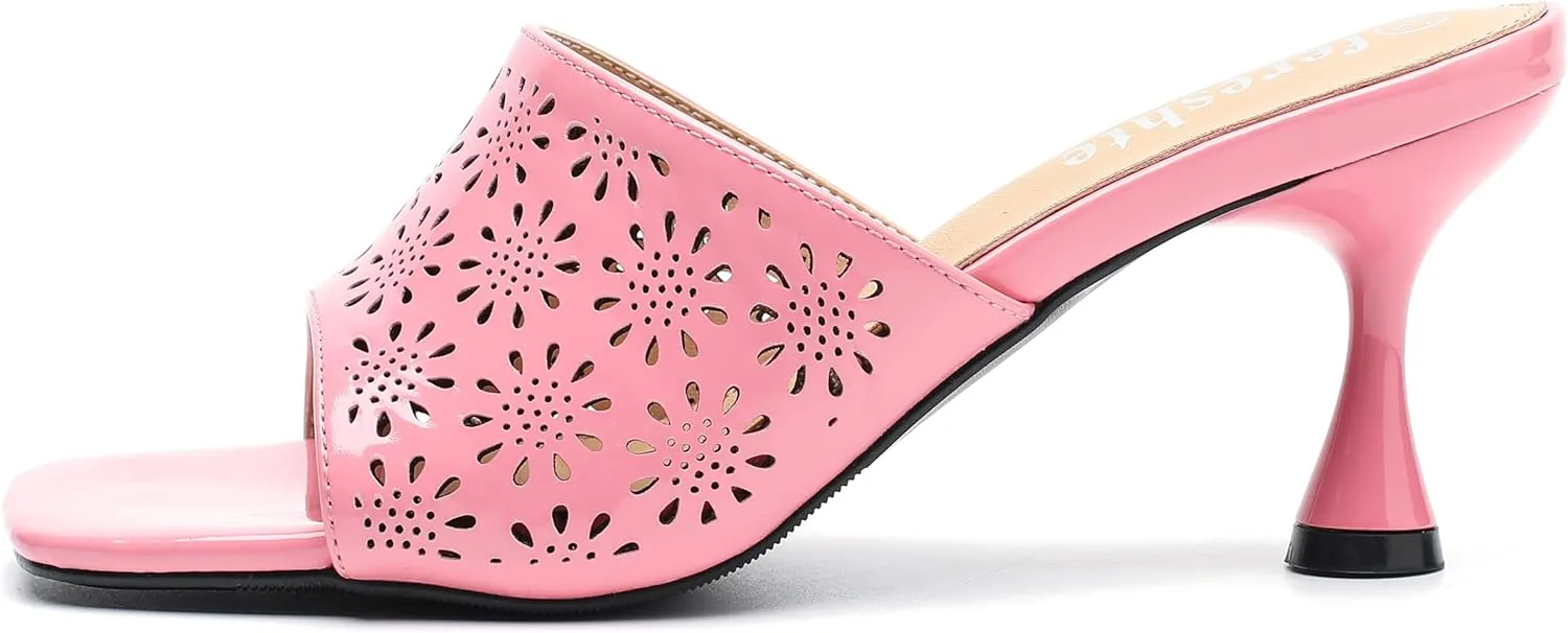 fereshte Womens Hollow Out Flower Sandals Slip On Sandals Square Toe Kitten Heeled Mules