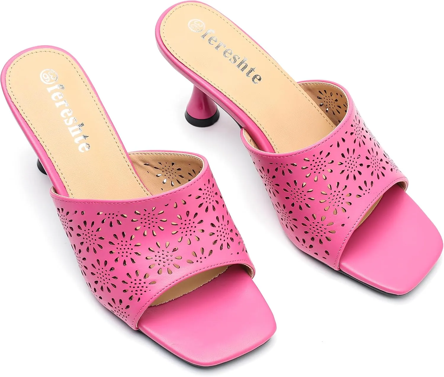fereshte Womens Hollow Out Flower Sandals Slip On Sandals Square Toe Kitten Heeled Mules