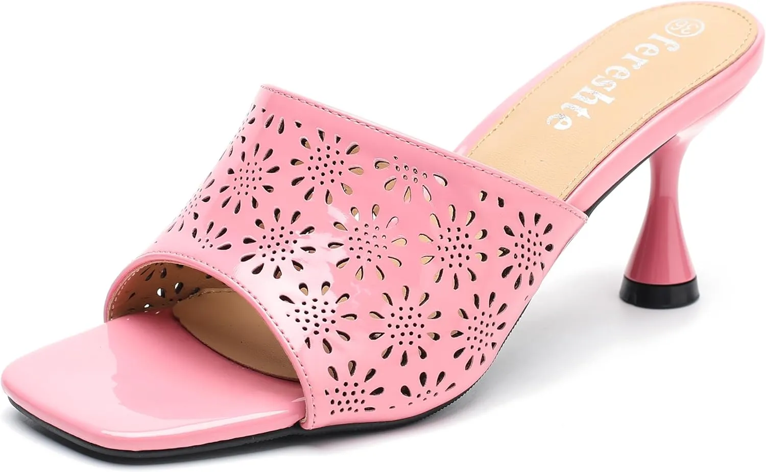 fereshte Womens Hollow Out Flower Sandals Slip On Sandals Square Toe Kitten Heeled Mules