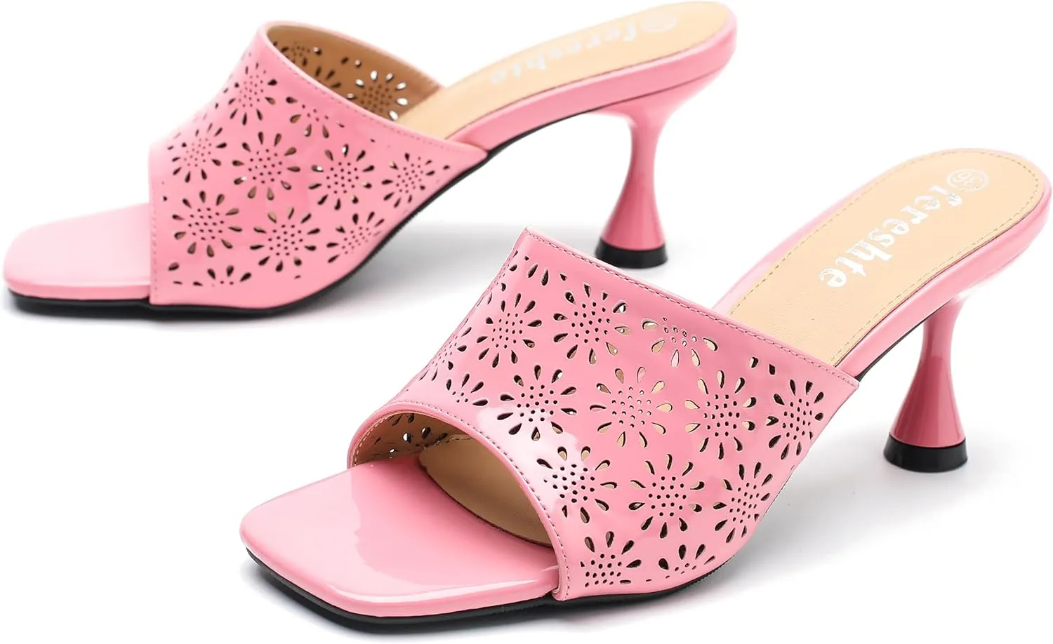 fereshte Womens Hollow Out Flower Sandals Slip On Sandals Square Toe Kitten Heeled Mules