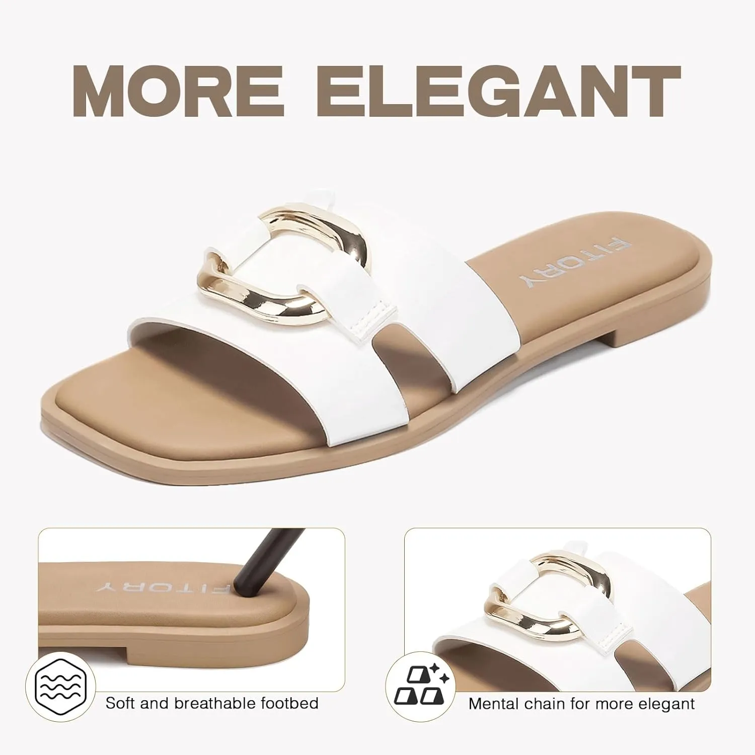 FITORY Women's Flat Sandals Fashion Square Open Toe Slides With Metal Chain Slippers for Summer Size 6-11