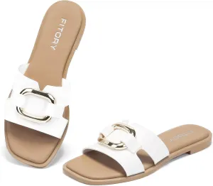 FITORY Women's Flat Sandals Fashion Square Open Toe Slides With Metal Chain Slippers for Summer Size 6-11