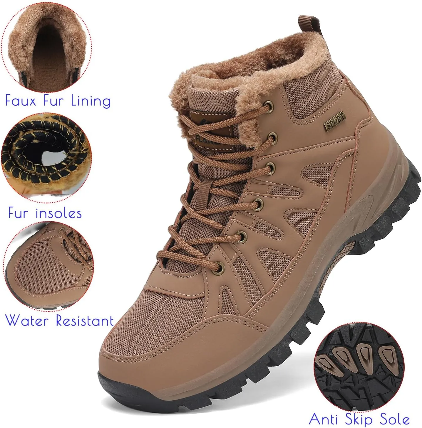 FLARUT Mens Snow Boots Insulated Fur Liner Winter Warm Hiking Shoes Walking Sneaker