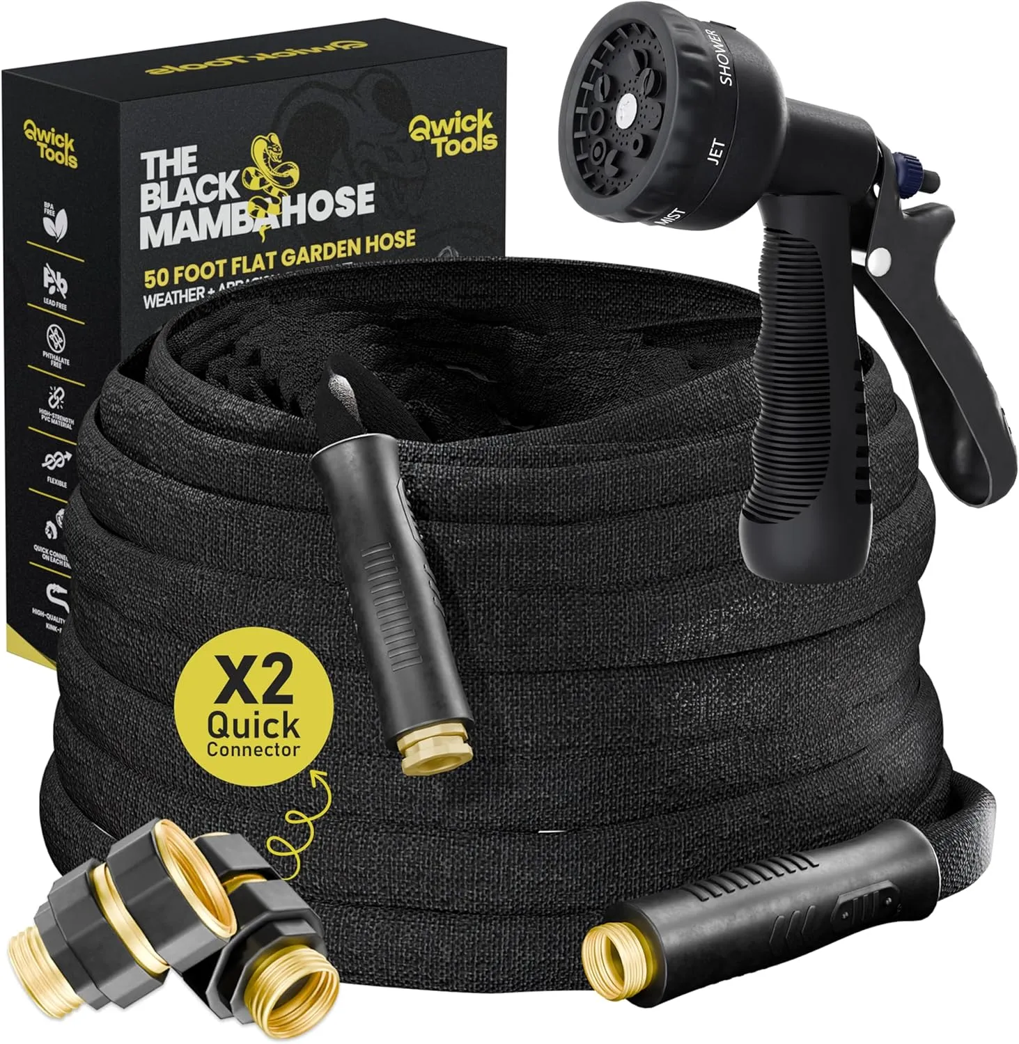 Flat Garden Hose 50FT - Flexible Non-Expanding Flat Hose with Quick Connector & 9 Spray Functional Nozzle, Durable Light Weight Collapsible RV Water Hose, Kink-Free Fabric Hose for Camper
