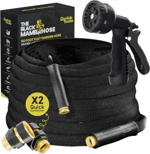 Flat Garden Hose 50FT - Flexible Non-Expanding Flat Hose with Quick Connector & 9 Spray Functional Nozzle, Durable Light Weight Collapsible RV Water Hose, Kink-Free Fabric Hose for Camper