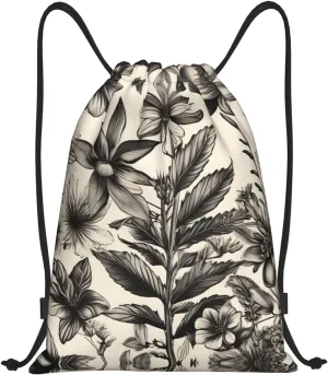 Floral Herbs Botanical Pattern Durable Gym Drawstring Bag Backpack, Perfect for Sports, Travel - Lightweight and Adjustable!