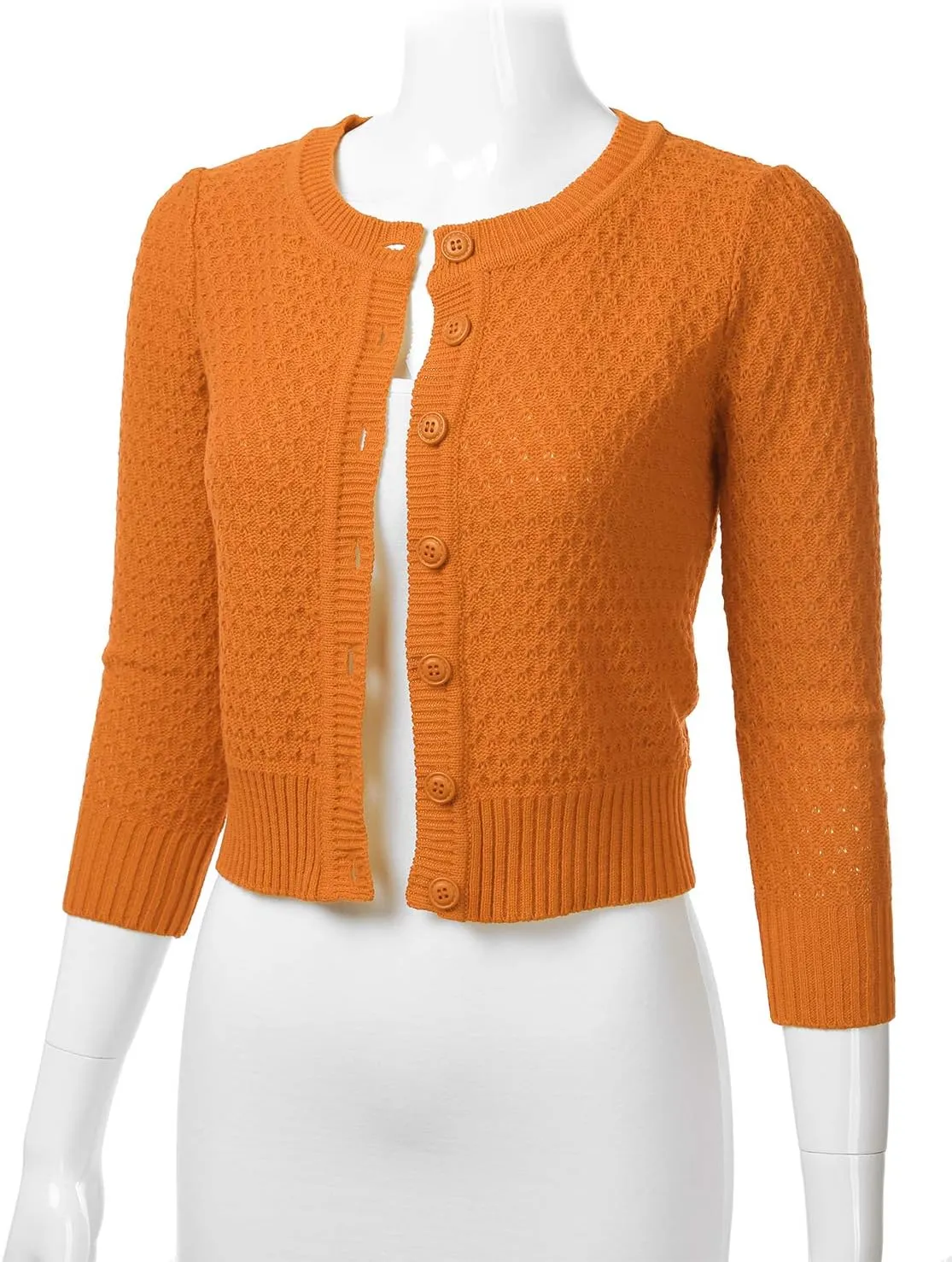 FLORIA Women's Button Down 3/4 Sleeve Crew Neck Cotton Knit Cropped Cardigan Sweater (S-3X)