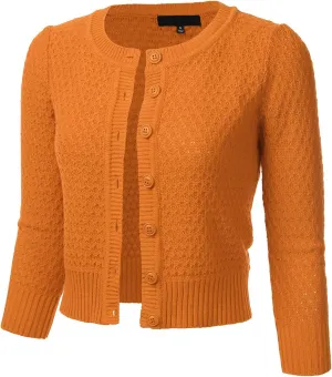 FLORIA Women's Button Down 3/4 Sleeve Crew Neck Cotton Knit Cropped Cardigan Sweater (S-3X)
