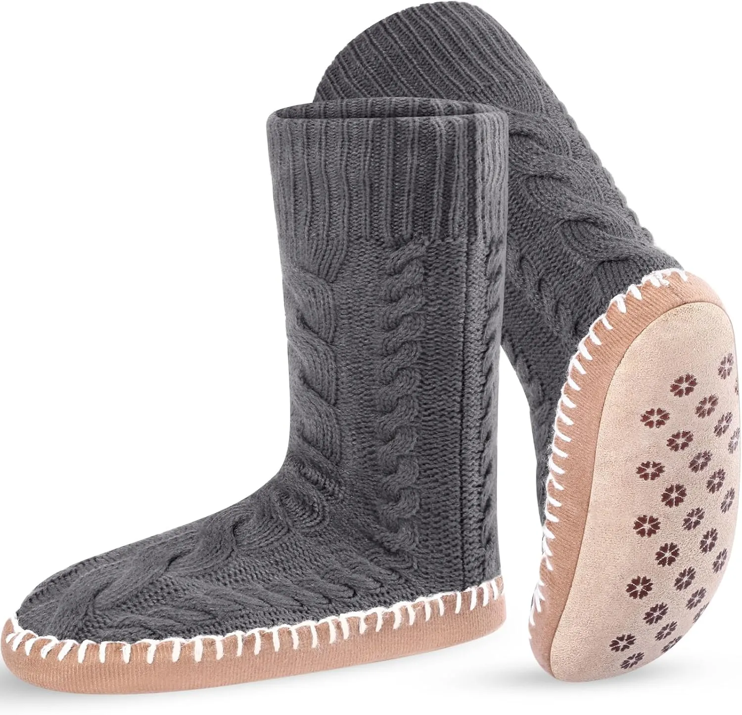 Foaincore Women's Slipper Socks with Soles Knit Non Skid Socks Indoor Winter Thick Lined Slipper Socks, Size 9-11