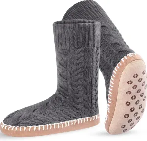 Foaincore Women's Slipper Socks with Soles Knit Non Skid Socks Indoor Winter Thick Lined Slipper Socks, Size 9-11