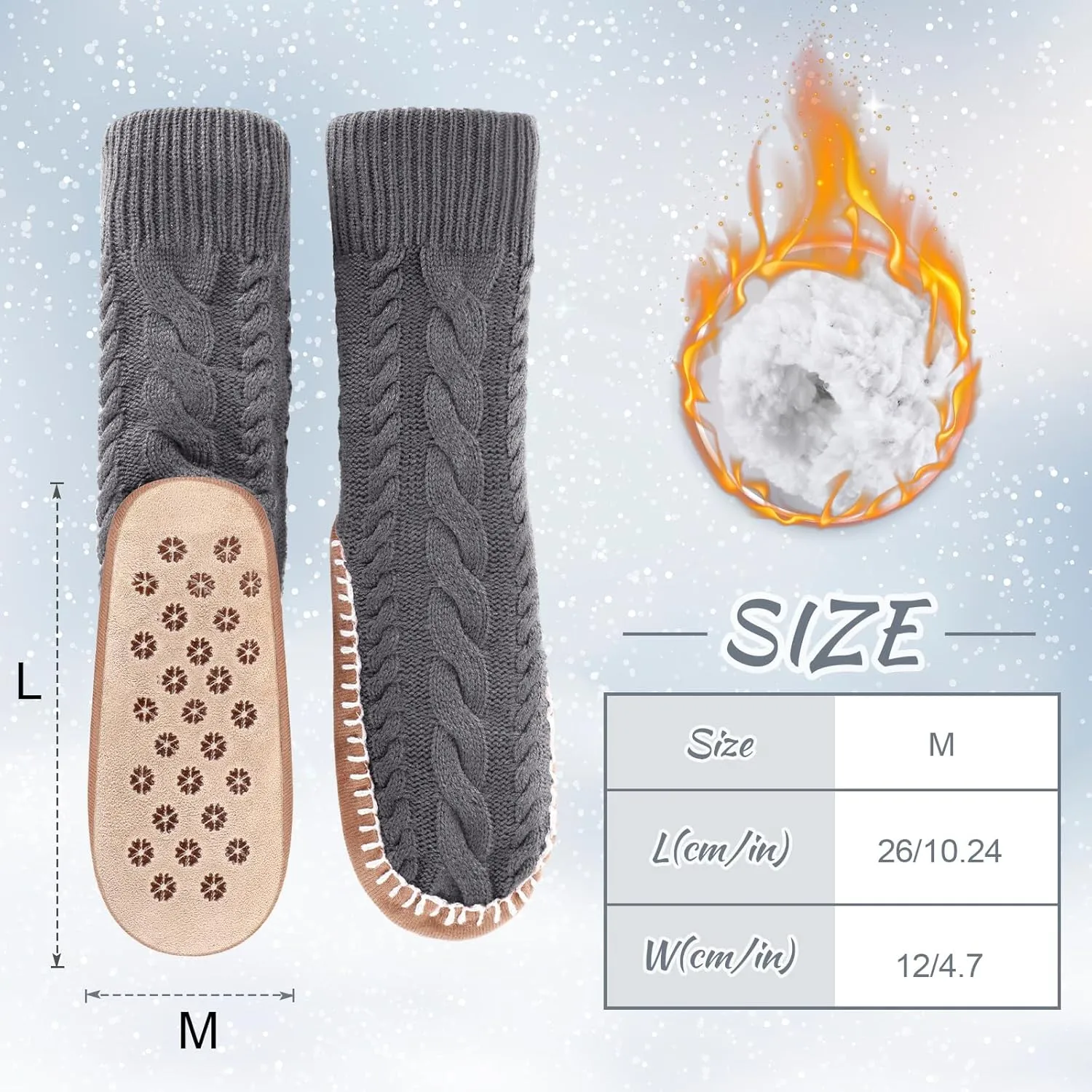 Foaincore Women's Slipper Socks with Soles Knit Non Skid Socks Indoor Winter Thick Lined Slipper Socks, Size 9-11