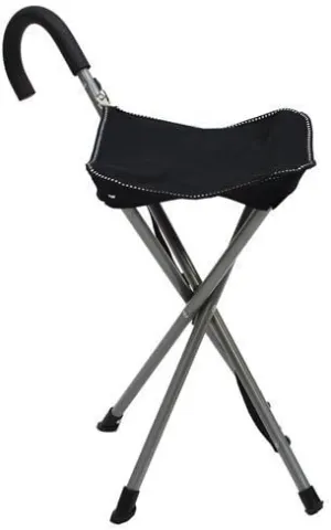 Folding Cane Chair - Walking Stick with Stool - in Black