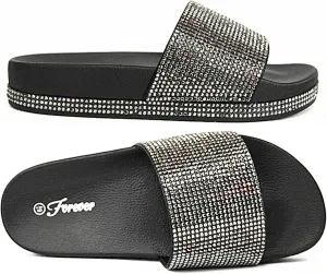 Forever Link Viste-07 Rhinestone Glitter Slide Slip On Flatform Footbed Sandal Slippers (6, Black-07)