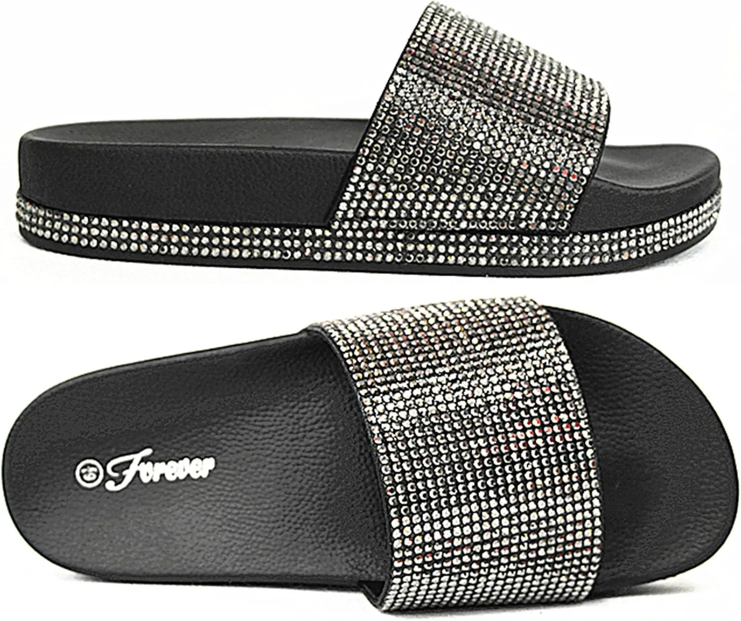 Forever Link Viste-07 Rhinestone Glitter Slide Slip On Flatform Footbed Sandal Slippers (6, Black-07)