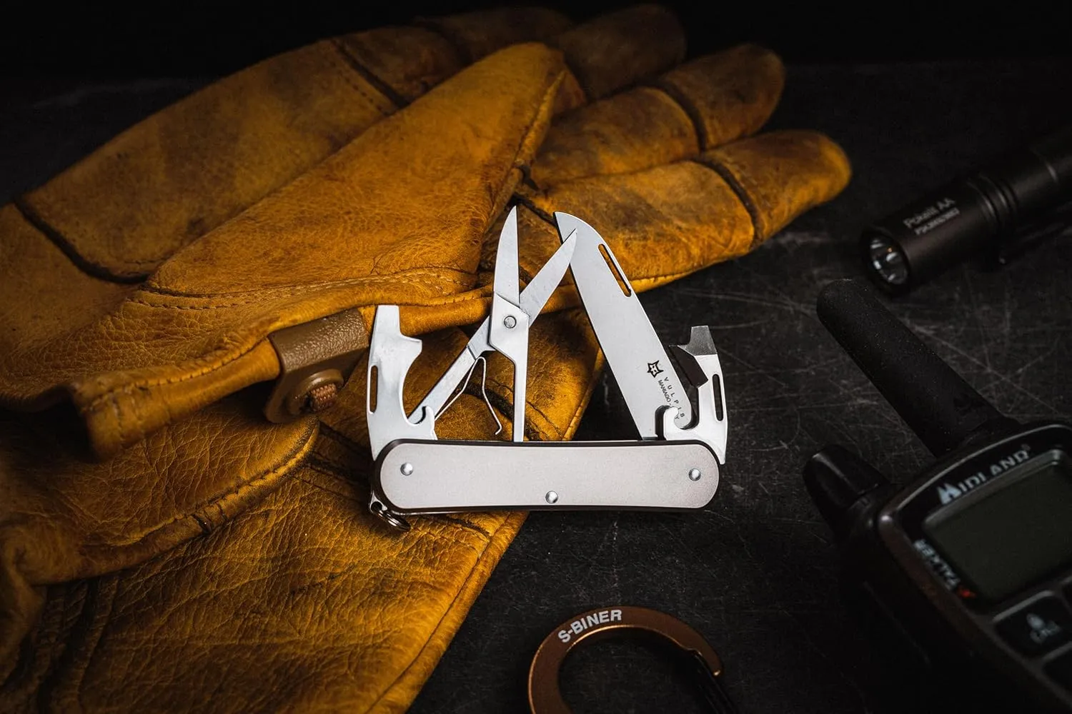 Fox Knives Vulpis FX-VP130-F4 Slipjoint Folding Knife 4-in-1 Multitool 2.17in Blade, Bottle Opener, Can Opener, Flat Head Screwdriver, Scissors - Compact Versatile Minimalist Pocket Knife (Titanium)