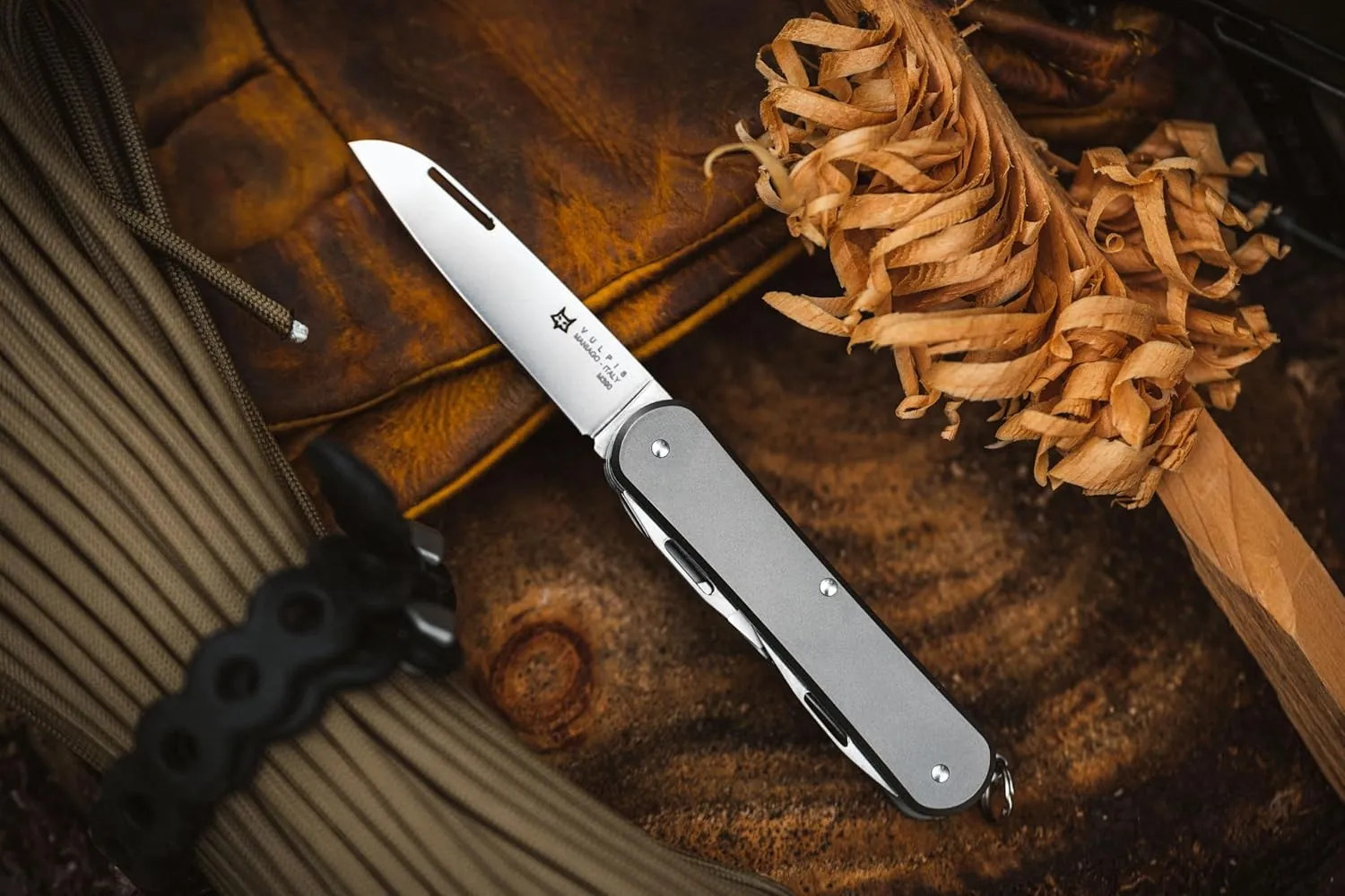 Fox Knives Vulpis FX-VP130-F4 Slipjoint Folding Knife 4-in-1 Multitool 2.17in Blade, Bottle Opener, Can Opener, Flat Head Screwdriver, Scissors - Compact Versatile Minimalist Pocket Knife (Titanium)