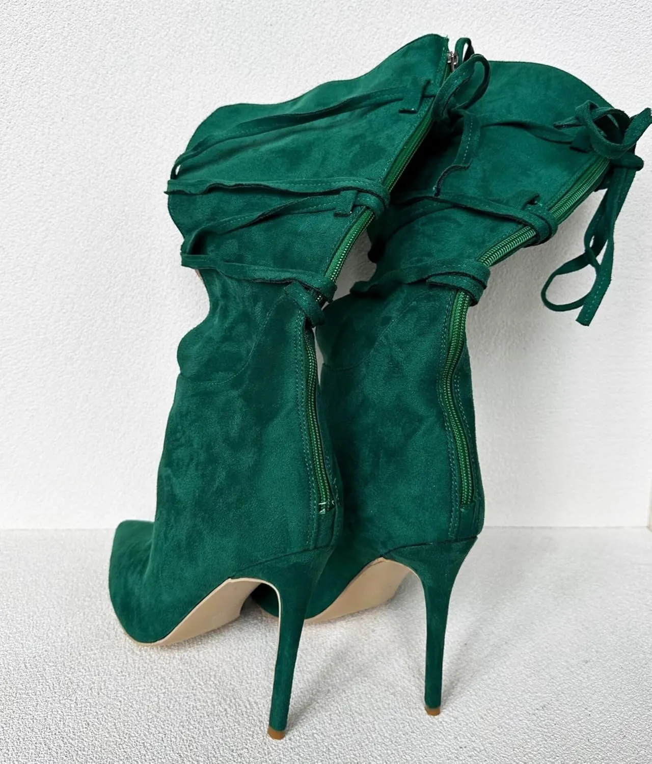 Frankie Hsu Green Suede Calf High Boots High Heeled Stiletto Fashion Classic Casual Ribbon Cross Strap Lace Up Wide Calf Big Large Size Mid Tall Long Boot For Women Men
