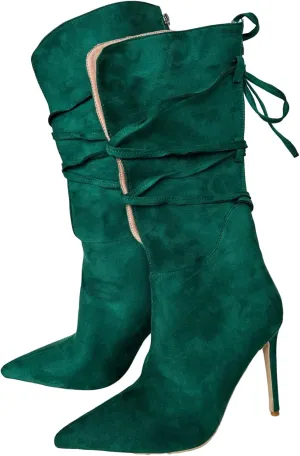 Frankie Hsu Green Suede Calf High Boots High Heeled Stiletto Fashion Classic Casual Ribbon Cross Strap Lace Up Wide Calf Big Large Size Mid Tall Long Boot For Women Men