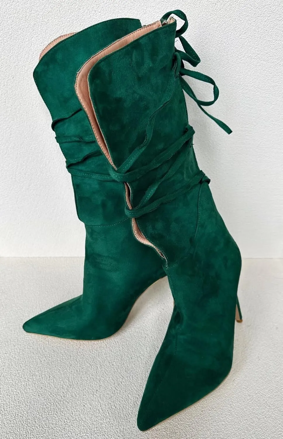 Frankie Hsu Green Suede Calf High Boots High Heeled Stiletto Fashion Classic Casual Ribbon Cross Strap Lace Up Wide Calf Big Large Size Mid Tall Long Boot For Women Men